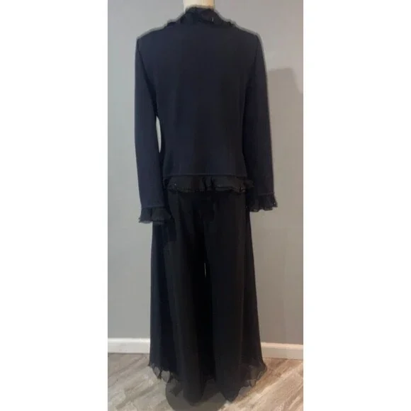 St. John Evening Women’s Santana Knit Silk Ruffle 2pc Pant Suit size 14 Black - Picture 2 of 11